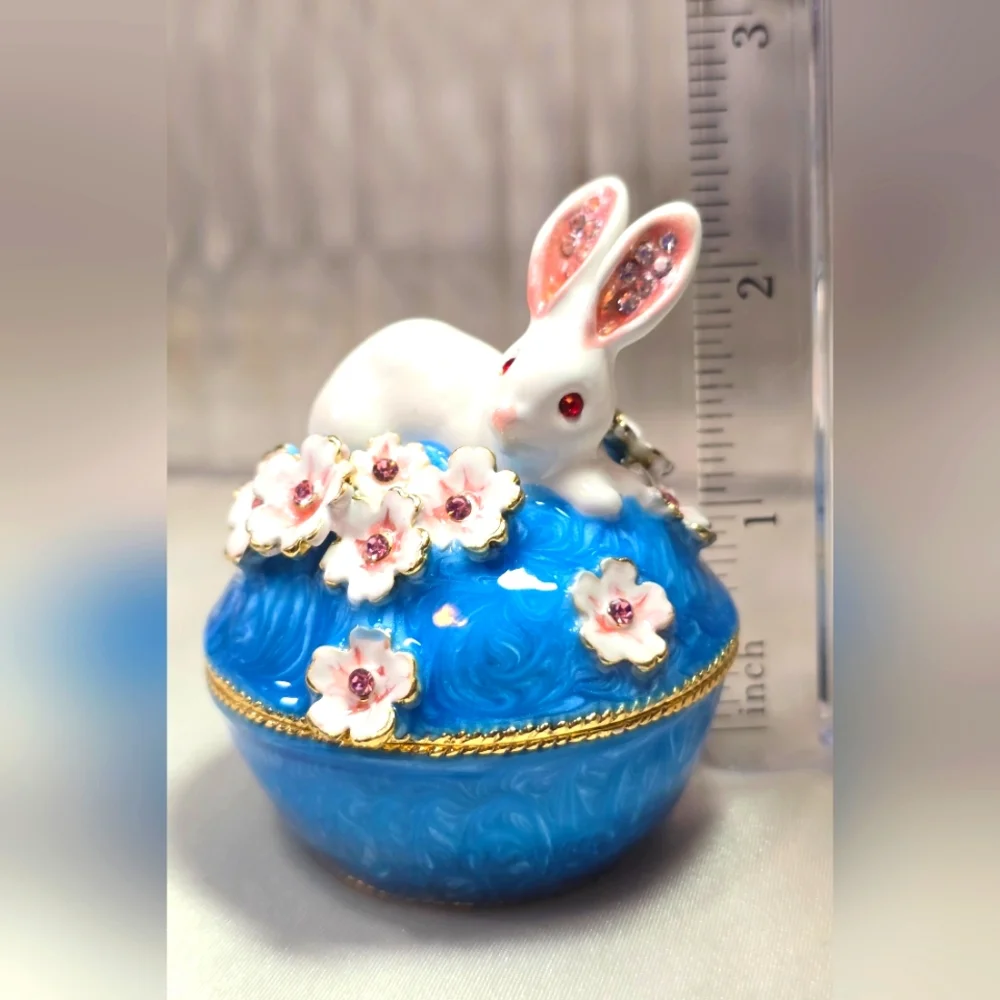 Crystal Blue Bunnu Figurine Enameled Trinket Box.